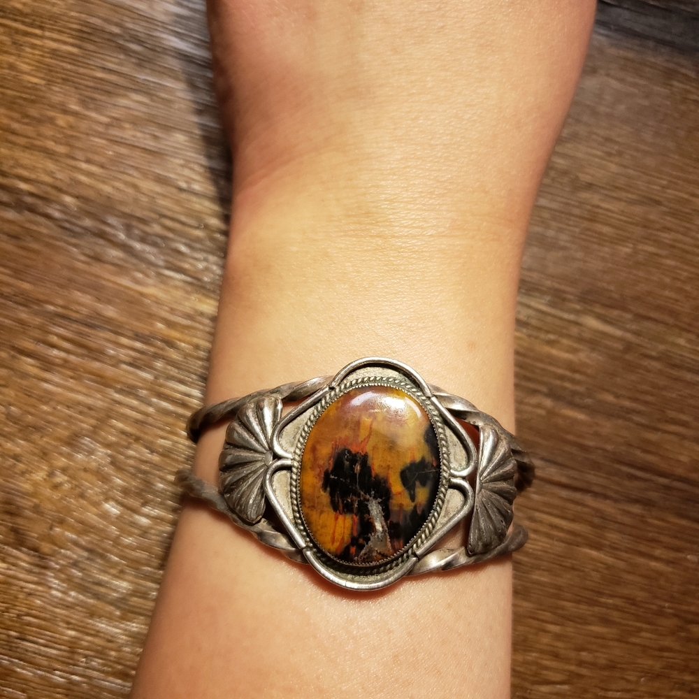 Vintage Sterling Silver Petrified Wood Cuff Bracelet
